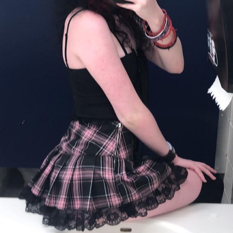 Minifalda gótica de Lolita para mujer, tutú con volantes, rosa, cuadros, plisado, Emo, Punk, oscura, Academia, ropa Grunge