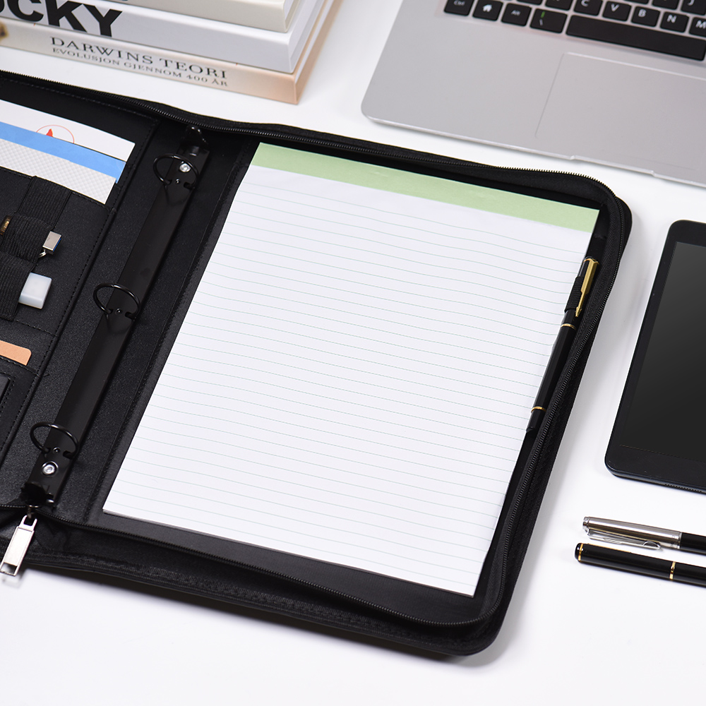 A4 PU Leather Multifunctional Document Folder Case Office Business Portfolio Padfolio Organizer Zippered Closure Loose-leaf