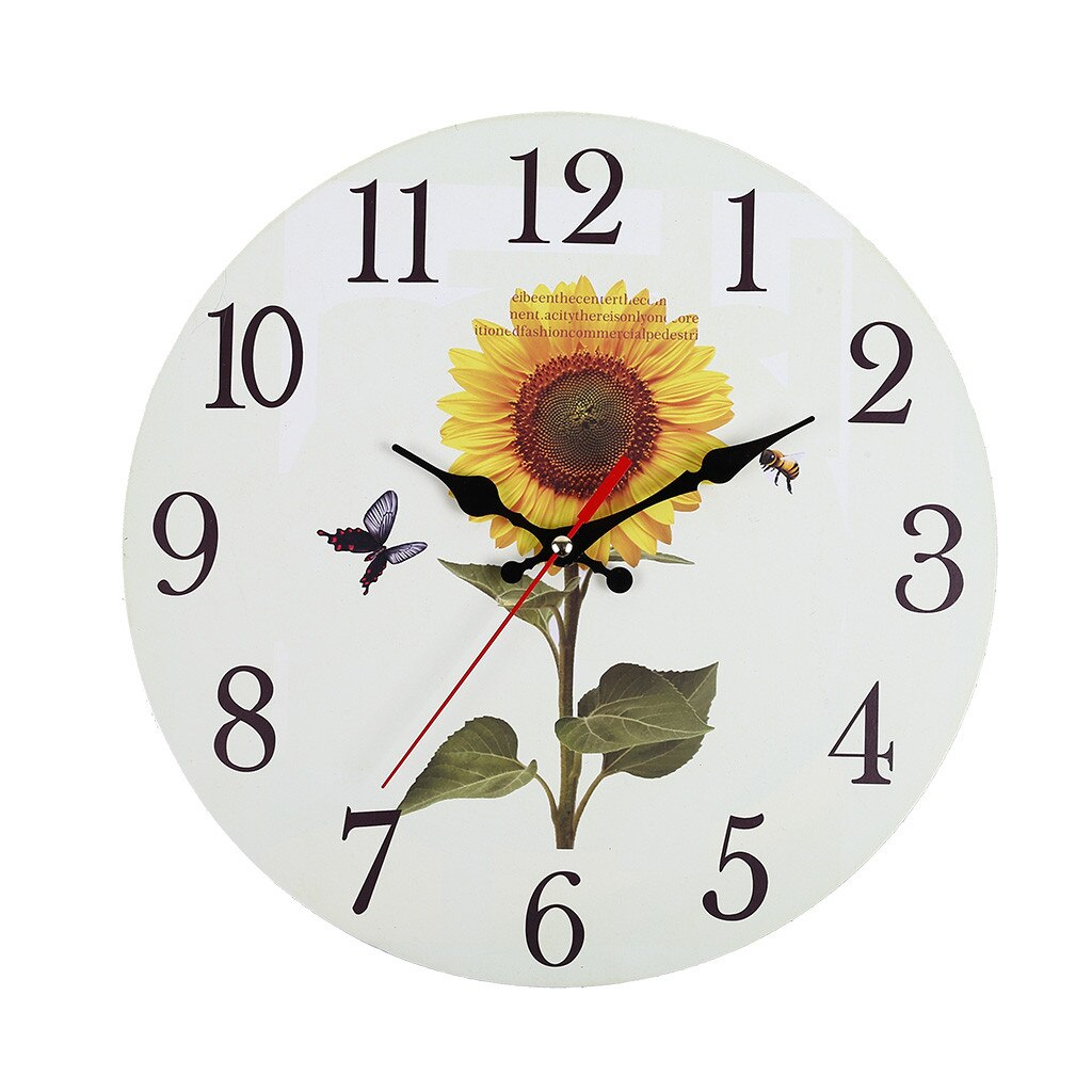 Horloge murale domestique à piles grand écran tournesol Vintage en bois suspendus horloges cuisine chambre maison décoration créative: C