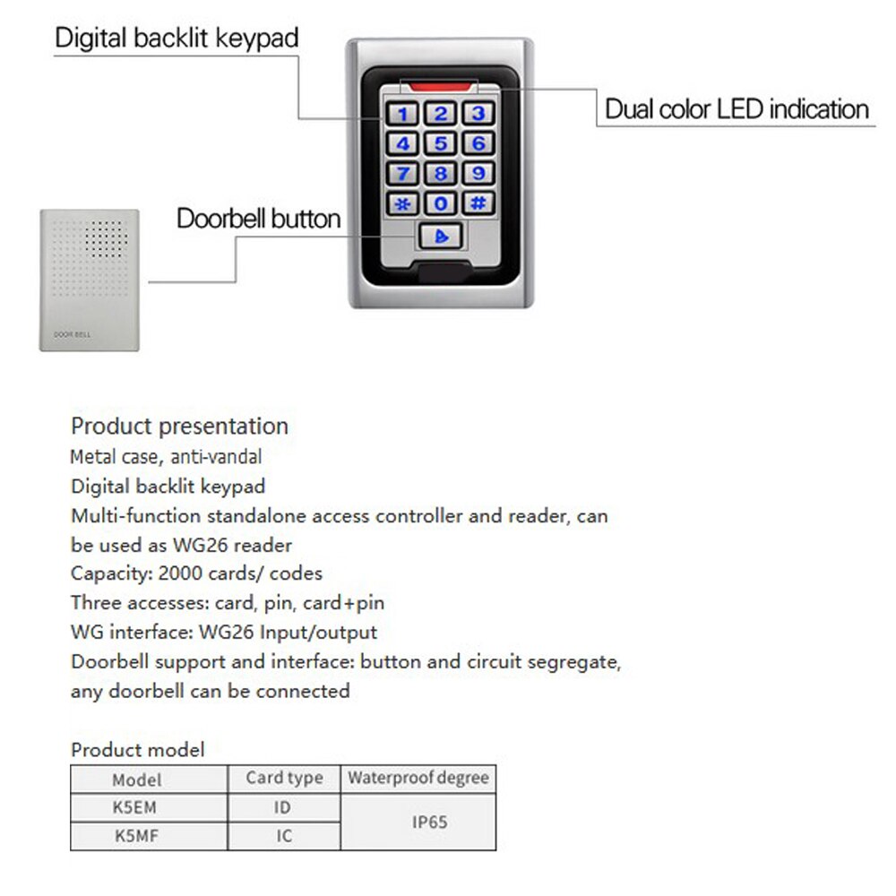 Backlight Keypad Metal Case access control outdoor key 2000 Users 125khz RFID Card Reader Access Control System