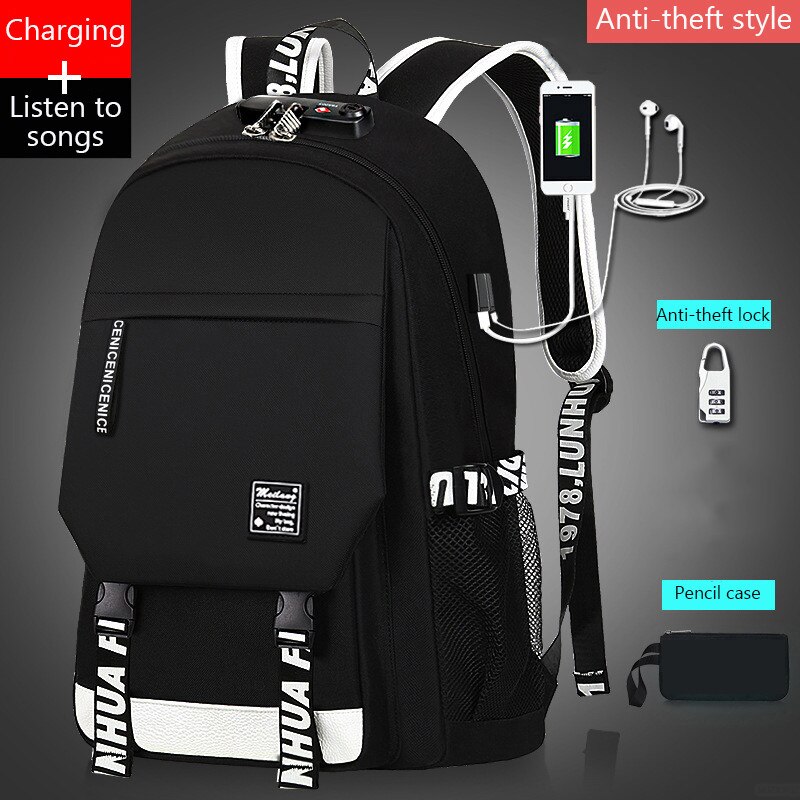 USB musique lumineux cartable unisexe pour adolescents sac à dos à sac d'école étudiant livre sac pour garçons filles