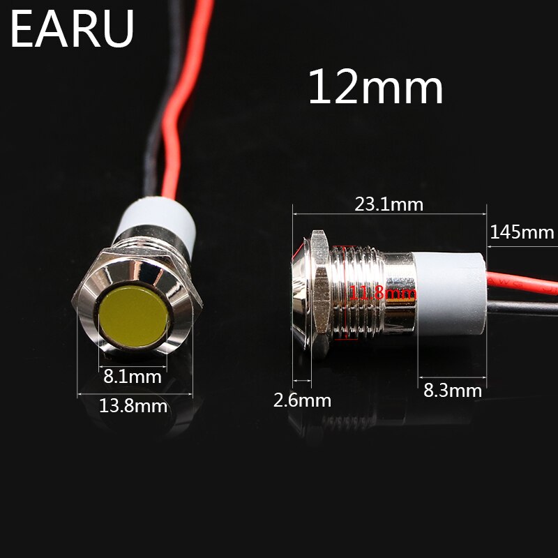 12mm Waterproof IP67 LED Metal Warning Indicator Light Signal Lamp Pilot + Wire 3V 5V 6V 12V 24V 110V 220v Red Yellow Blue Green