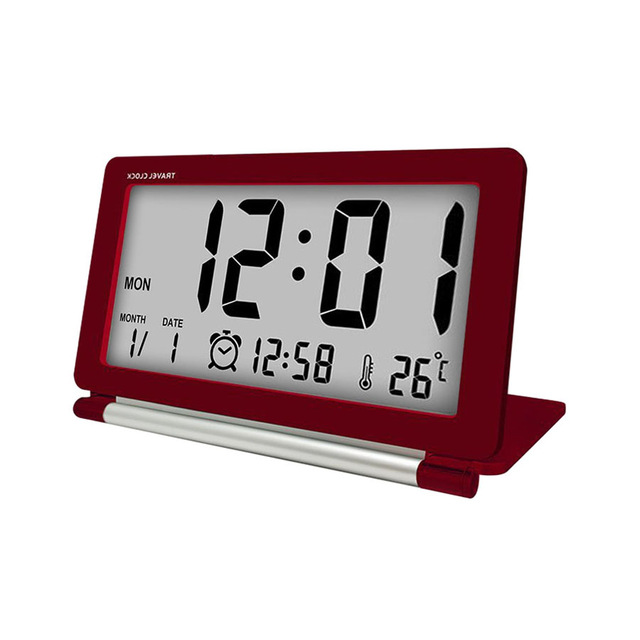 Led digitale wekker reis multifunctionele lcd-scherm digitale tafelklok met thermometer opvouwbare elektronische reisklok: Rood