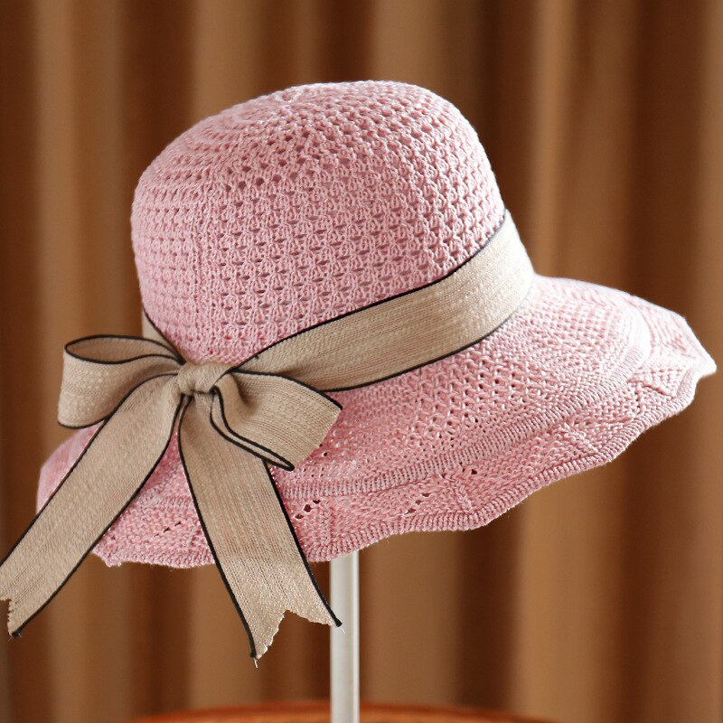Spring Summer Cotton Knitted Bow Sun Hats Ladies Shade Straw Hat Breathable Big Brim Basin Hat Sunscreen Beach Caps