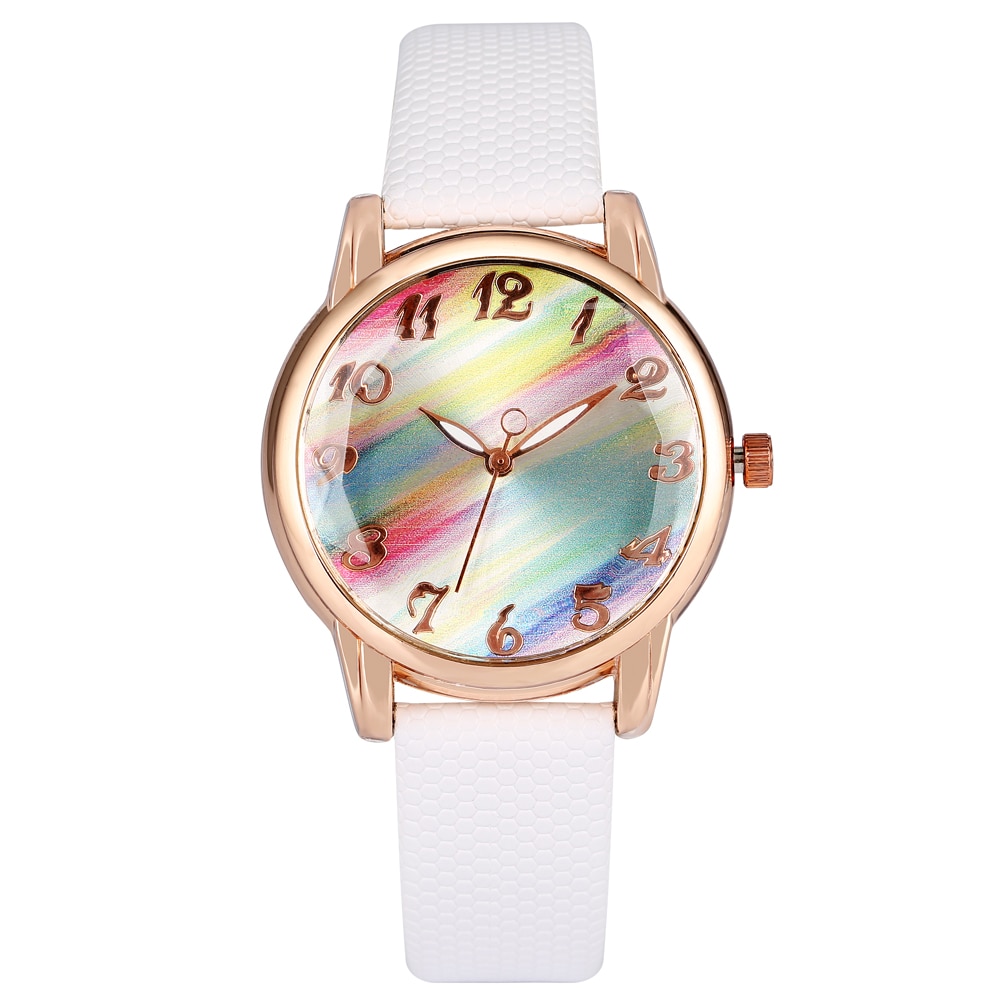 Horloges dames regenboog spiegel damesklok quartz polshorloge wit/roze/rood leren band armband horloge montre femme: Witte band
