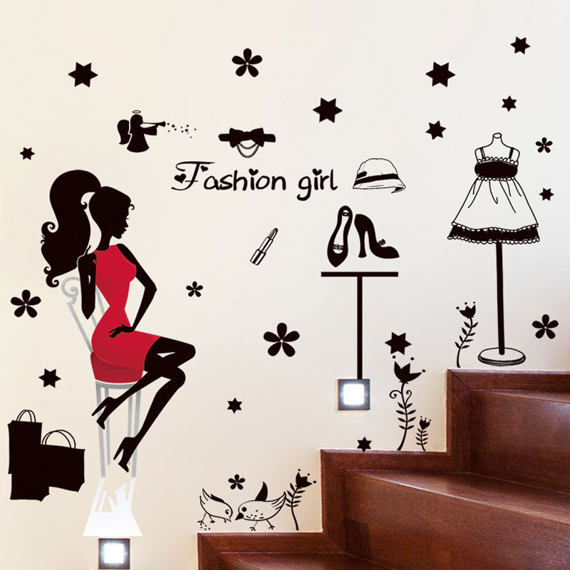Modern lady glass window door sticker garment shop sign glass window sticker shopping girl wall sticker store sticker
