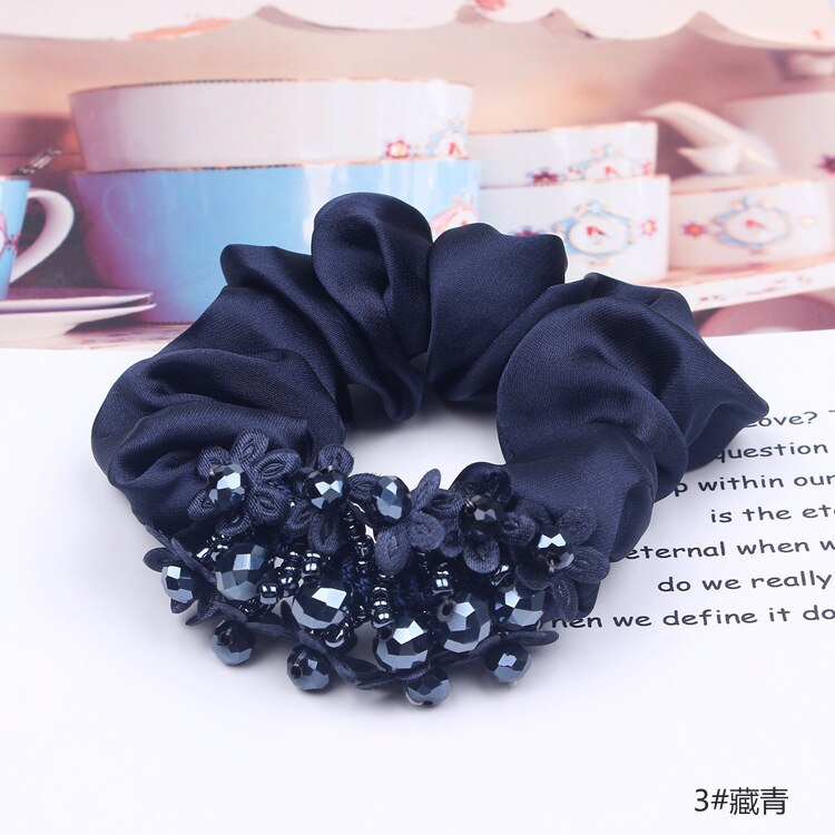 Vrouwelijke Elegante Kralen Armband Crystal Haarband Satijnen Doek Dikke Darm Ring Dikke Hoofd Rop Zuid-korea Haaraccessoires: 3  Dark Blue