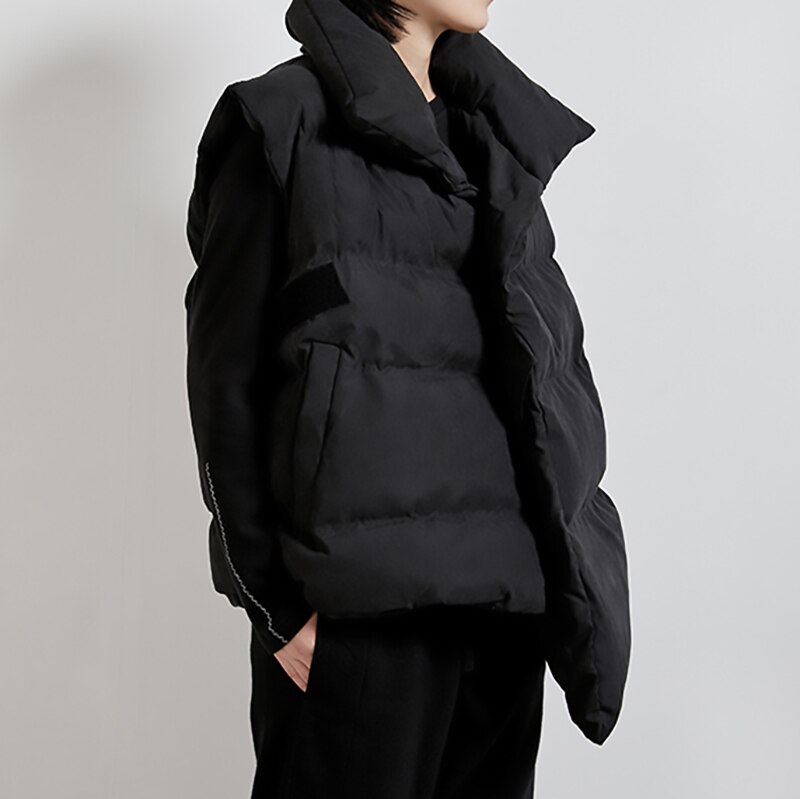[Eam] feminino preto assimétrico tamanho grande algodão-acolchoado solto ajuste colete nova lapela sem mangas moda maré primavera outono 2020 1n320