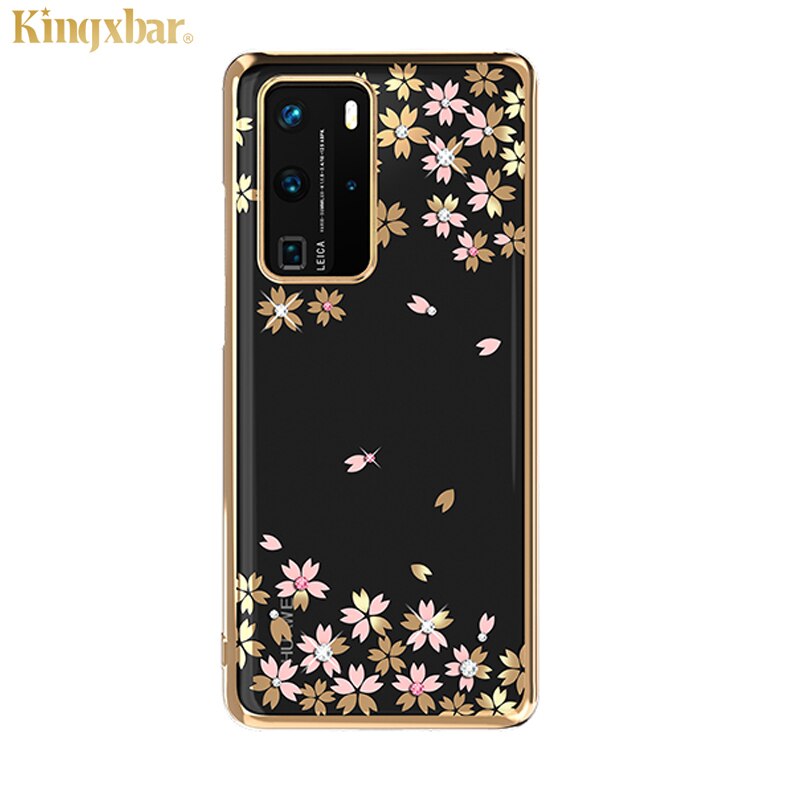 Original kingxbar cristais de luxo caso strass para huawei p40/pro moda fino banhado a flor duro claro pc capa traseira caso: For P40 / Cherry Gold