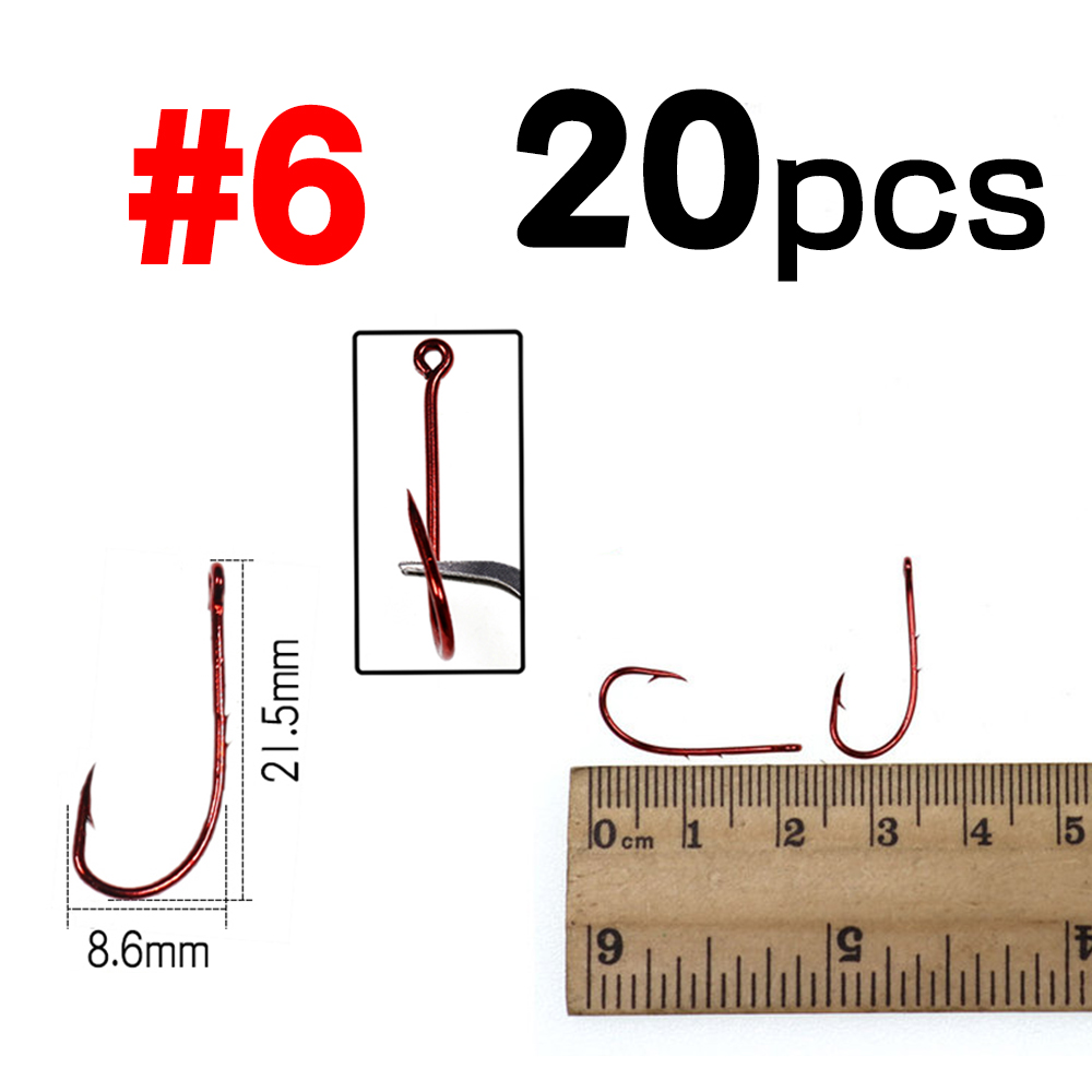 Elllv 20PCS Red Baitholder Fishing Hook Offset Narrow Bait Hook #14 - 5/0 Double Barbs High Carbon Steel Fish Hooks: 20pcs size 6