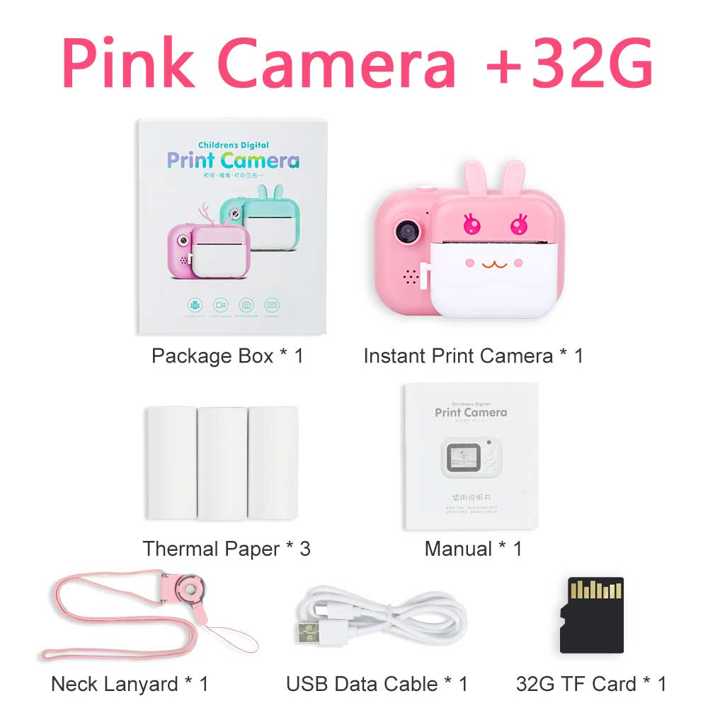 Cheap cute mini instant print photo camera small children camera kids birthday with games: Pink 32G