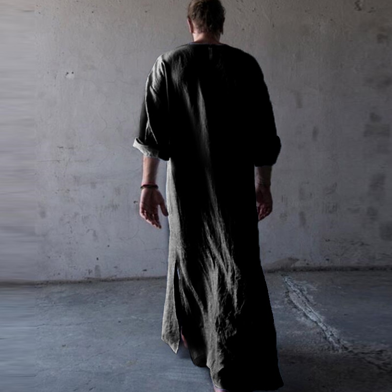 Mannen Islamitische Kaftan Katoen Lange Robe Dress Lange Mouwen Pockets V-hals Lounge Mannen Islamitische Arabische Kaftan Lange Pyjama Gewaad 5XL