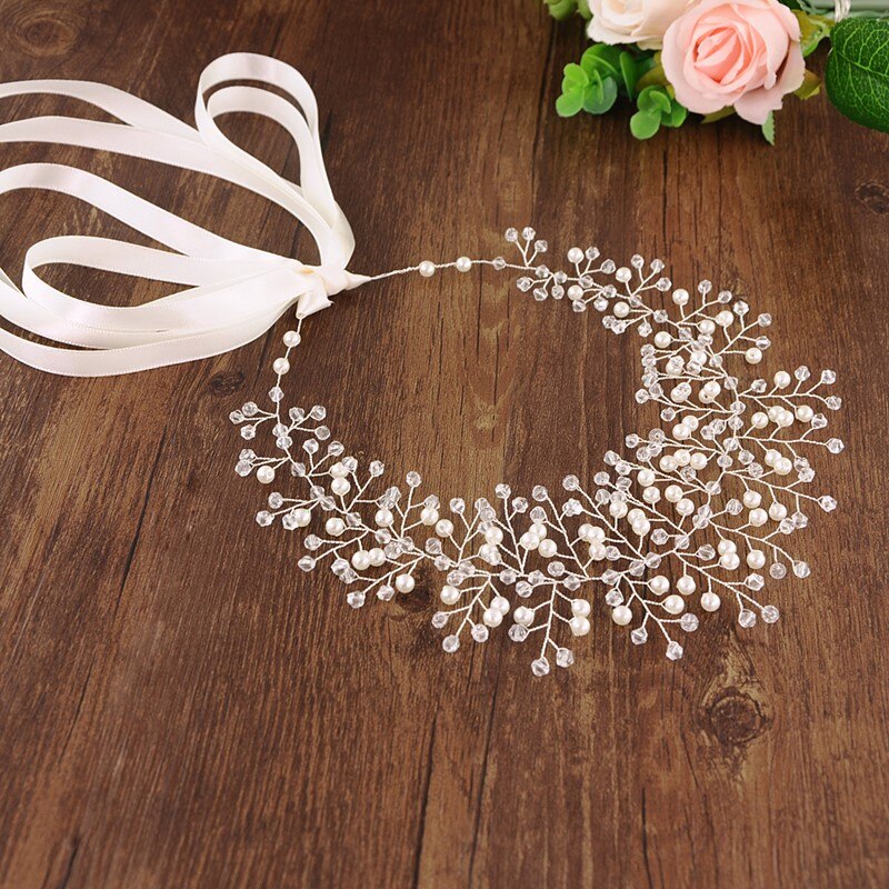 Trixy H55-s Steentjes Wedding Hoofdband Bruid Strass Kralen Haarspelden Bruids Hoofddeksel Bruiloft Haar Sieraden Accessoires: off-white ribbon