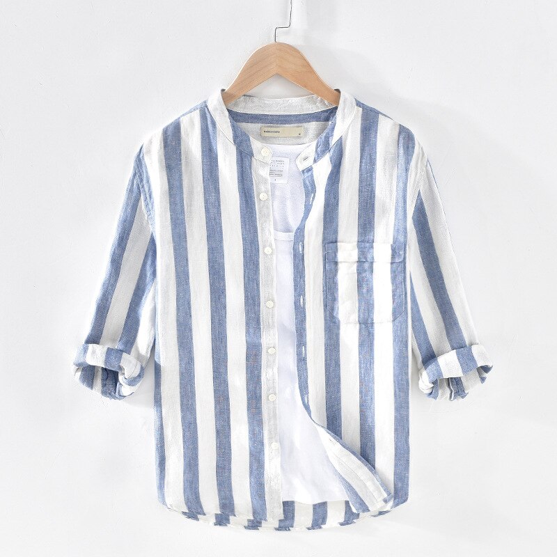 Menn vår sommer japan stil stativ krage trekvart ermet stripe skjorte herre 100%  lin casual skjorter: Blå / M (asiatisk størrelse)