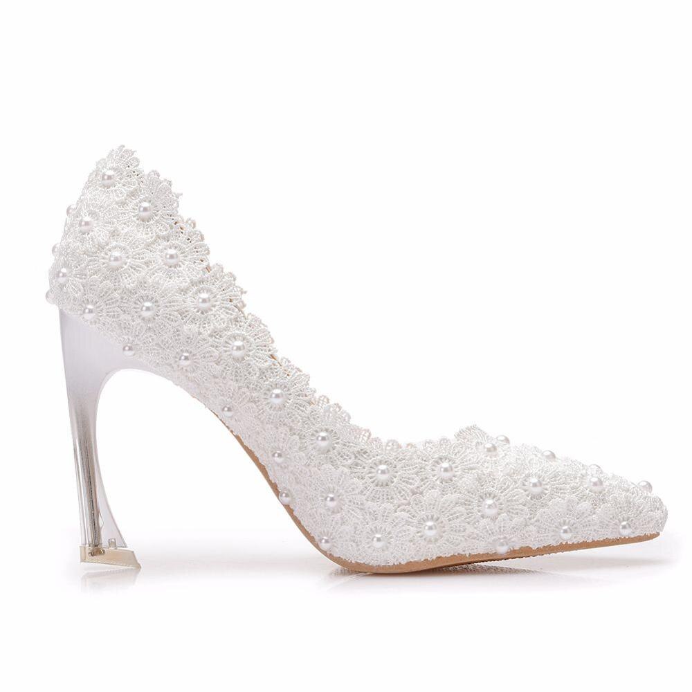 Crystal Queen Wit Kant Hoge Hakken Trouwschoenen bruid Partij Schoenen Vrouwen Pompen Dames Hoge Hakken Bruids Schoenen