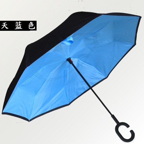 Gancho C, a prueba de viento paraguas inversa vástago largo invertida doble capa soporte autónomo protección contra la lluvia paraguas de la gota: Azul cielo