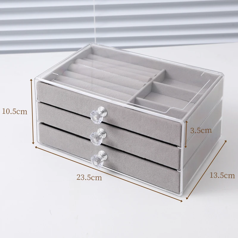 Akryl smykkeskrin med grå krystal – perfekt til øreringe, ringe, halskæder og armbånd