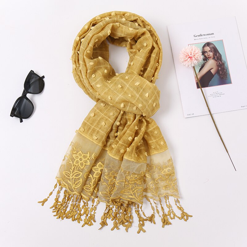 plaine Pom coton écharpe Plaid gland dentelle brodé coton foulards femmes musulman Hijab étoles femme bandeau à fleurs 1PC: 8