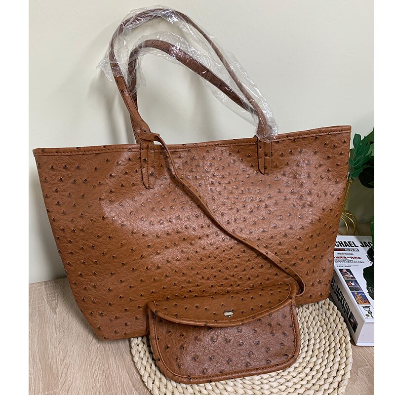 TOPHIGH Krokodil aufbringen Frauen Handtasche Strauß/Schlange Frauen Schulter Tasche Quaste Tote Große Kapazität Einkaufstaschen: Strauß Braun