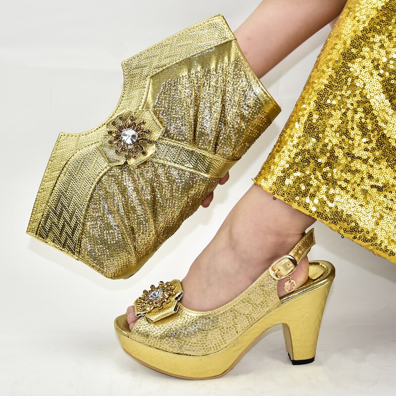 Italian Shoes with Matching Bags for Wedding Italy Red Color African Matching Shoes and Bags Italian In Women Wedding Shoe: Gold / 10