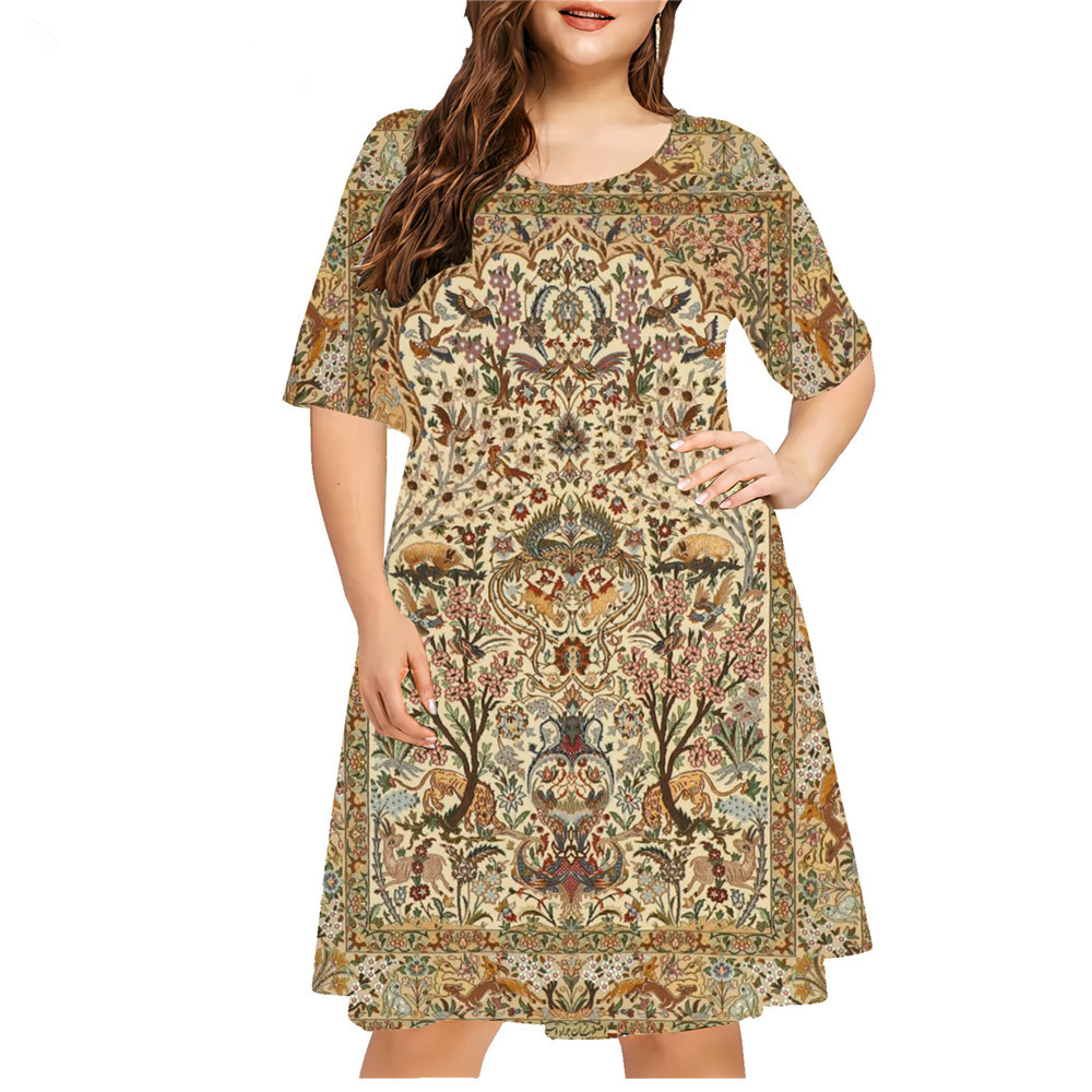 Vestido estampado em 3D com estilo étnico feminino, plus size, casual, manga curta, solto, linha A, verão, vintage, senhoras, tamanhos grandes, 6XL