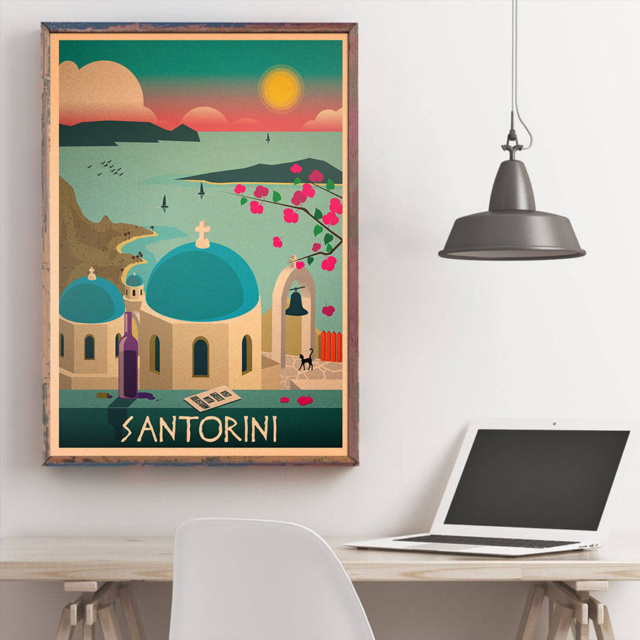 Kreikka kaupunki matkajuliste seinätaide tarra vintage voimapaperi kahvila pubibaari hotellin sisustus käsinmaalattu maisemakuva 42 x 30cm