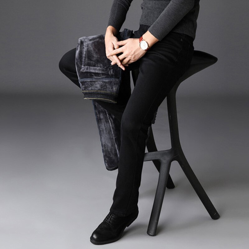 Men Black Slim Fit Stretch Thick Velvet Pants Elastic Warm Winter Jeans Jeans For Men Casual Business Fleece Jeans Homme