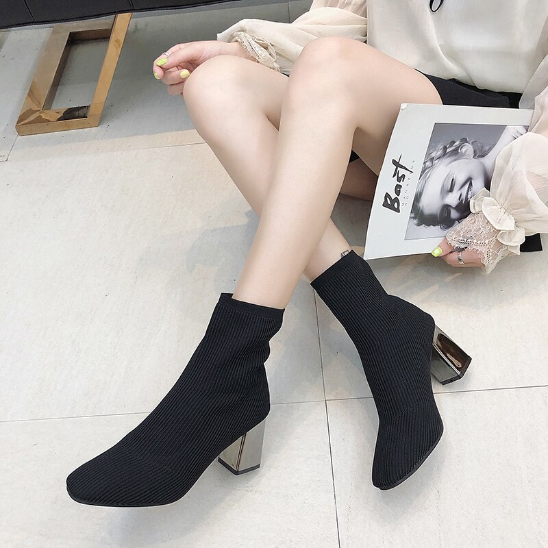 EOEODOIT Herbst Karree Stiefel Socke Schuhe Unterhose Auf Hohe Quadratische Ferse Frauen Pumpen Schuhe strecken Stoff