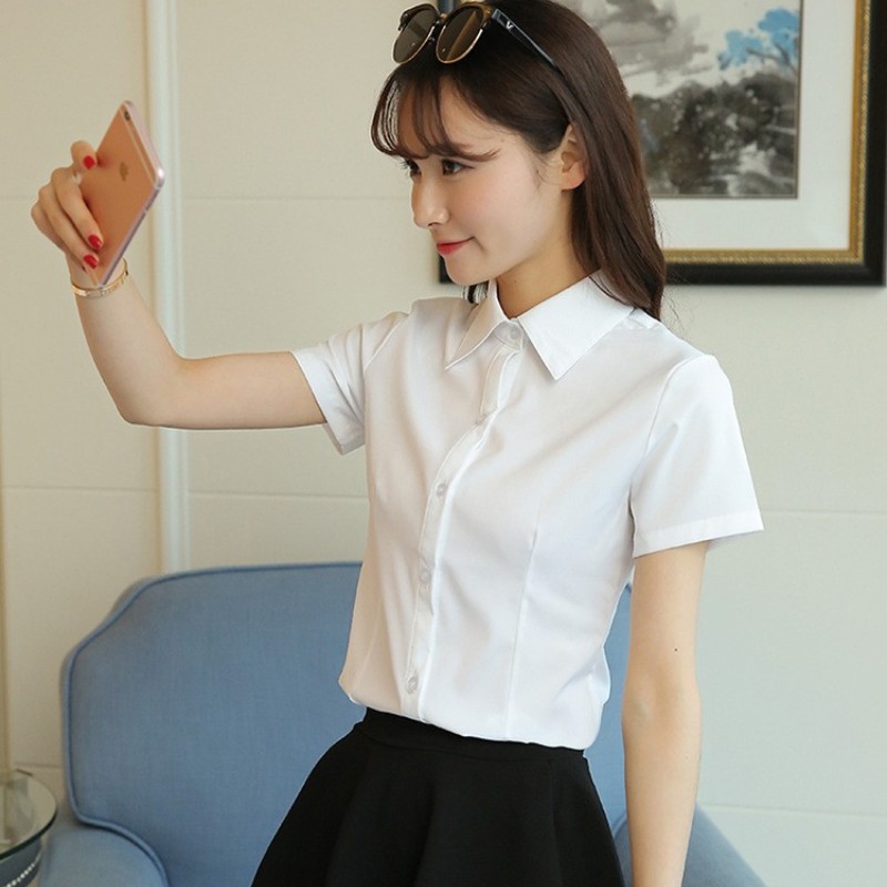 Camisa blanca de coreana para mujer, blusa de manga corta de otoño, Tops ajustados para oficina para mujer, camisa para estudiante de S-5XL, ropa para mujer