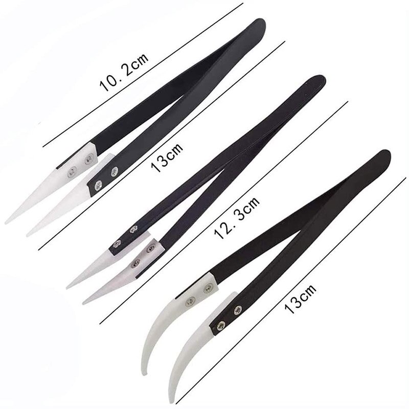 3Pcs Ceramic Tweezers Set, Heat Resistant Non-Conductive Anti-static Curved &amp; Straight Ceramic Tips Precision Tweezers