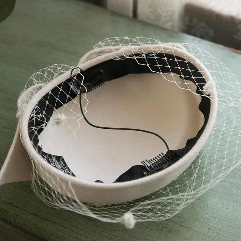 White Green Pure Wool Berets Women Classic Face Veil Mesh Fedora Headwear Ladies Church Wedding Royal Banquet Cocktail Bow Hat