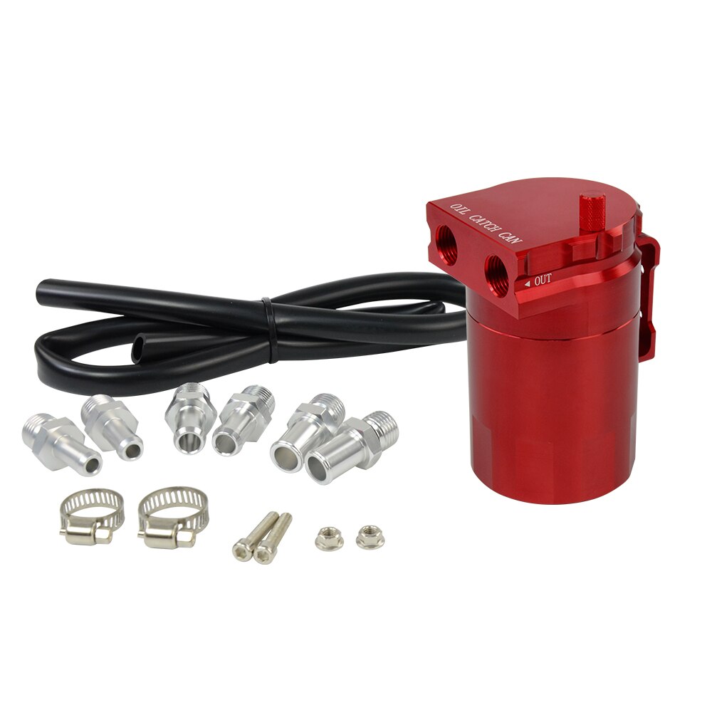 Universal Aluminum Oil Catch Can Oil Filter Tank Round Reservoir Oil Drainer with 11mm/15mm Fittings and Oil dipstick PQY-TK63