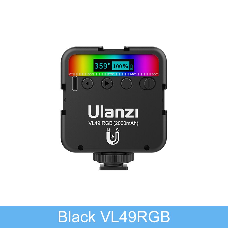 Ulanzi VL49 RGB Mini LED Video Light 2000mAh 2500K-9000K Portable Photography Lights Vlog Fill Light for DSLR SLR Camera Lamp: Black VL49RGB