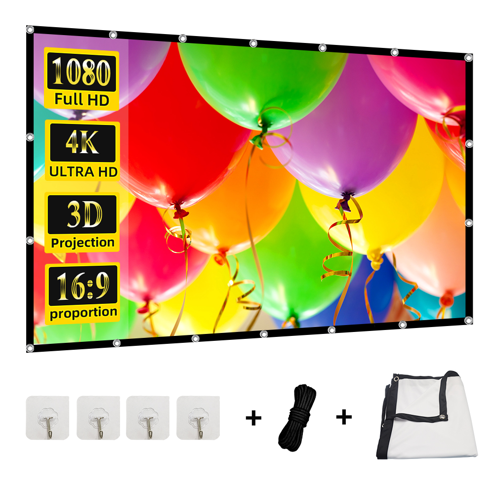 Pantalla de proyector plegable portátil para interiores y exteriores, pantalla de proyección suave de 60-200 pulgadas, alta densidad, blanca, menos pliegues, 16:9