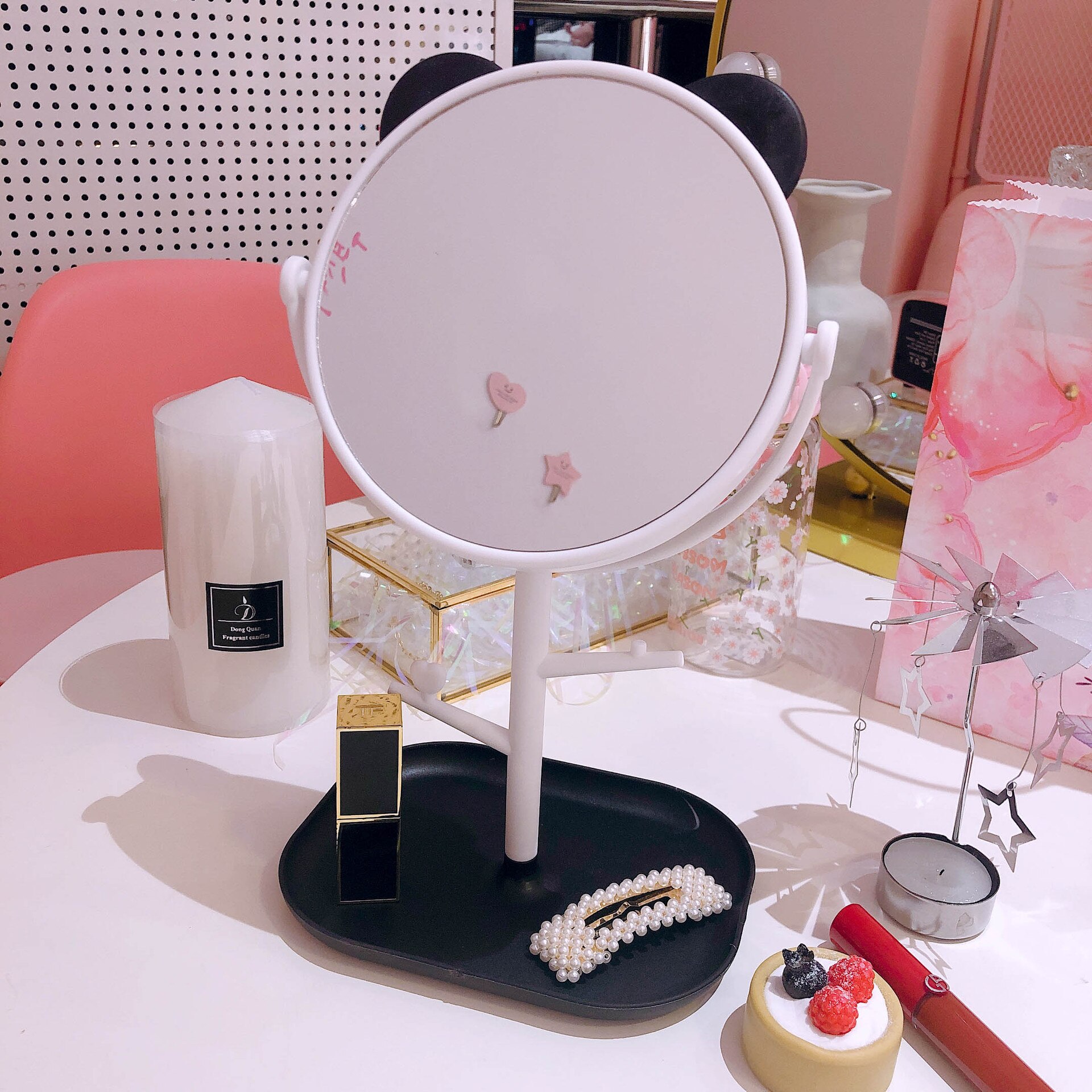 W&g beauty folde makeup spejl damer kawaii makeup makeup spejl desktop roterende spejl kat ører form kosmetiske spejle: Sort firkantet bund
