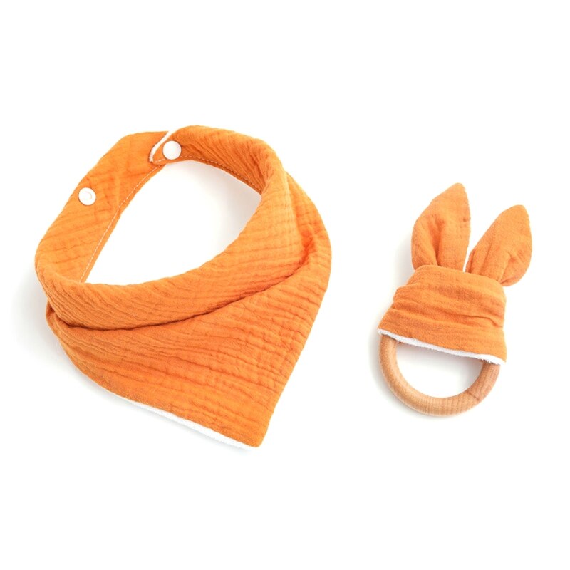 2 Stks/set Baby Jongen Meisje Speeksel Tissue Molars Ring Houten Bijtring Set Katoenen Mousseline Slabbetjes Effen Kleur Burp Doek Driehoekige sjaal: turmeric