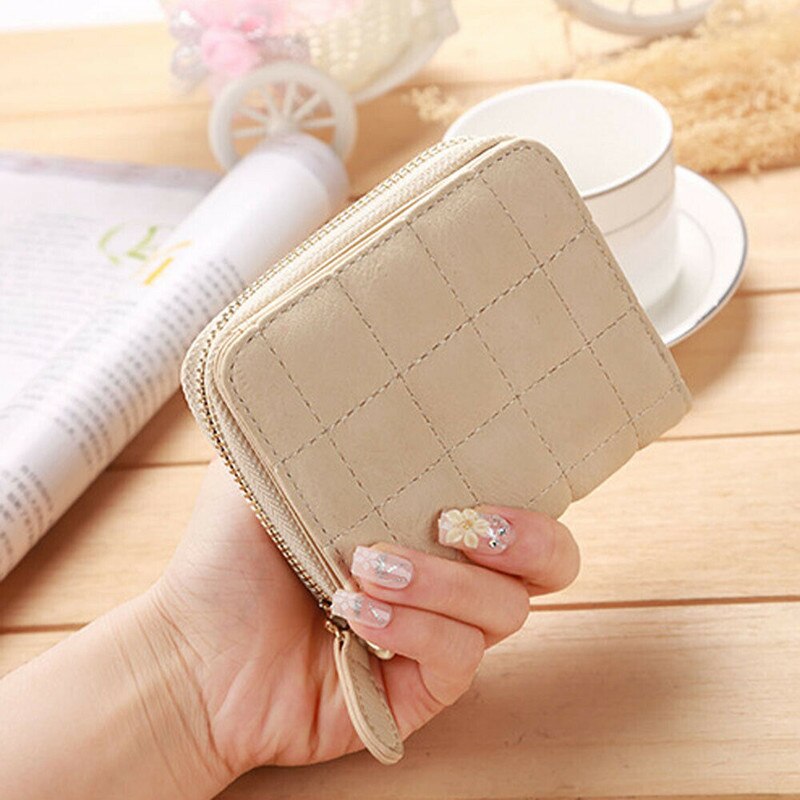 Mini Cartera de piel con cremallera, de Color liso, para mujer, con cremallera, monedero, bolsa de mano, Clutch para dama, pequeño Mini tarjetero: Beige