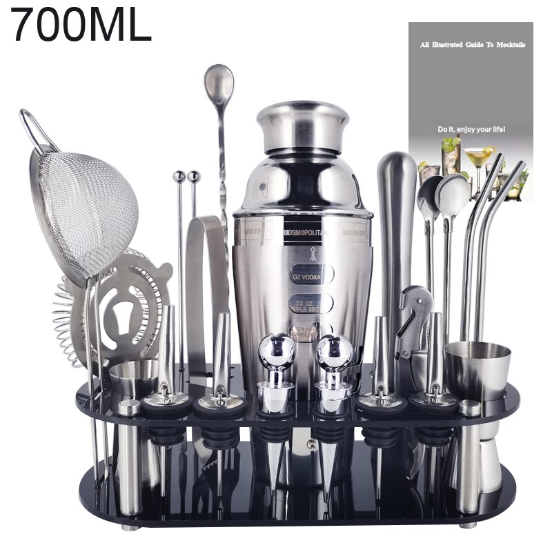 1-22Pcs Boston Cocktail Shaker Bar Gereedschap Wijn Mixer Set Barman Cocktail Shaker Tool Kit Schenker Jigger Warhoofd met Houder: 22 S 700ml Rack