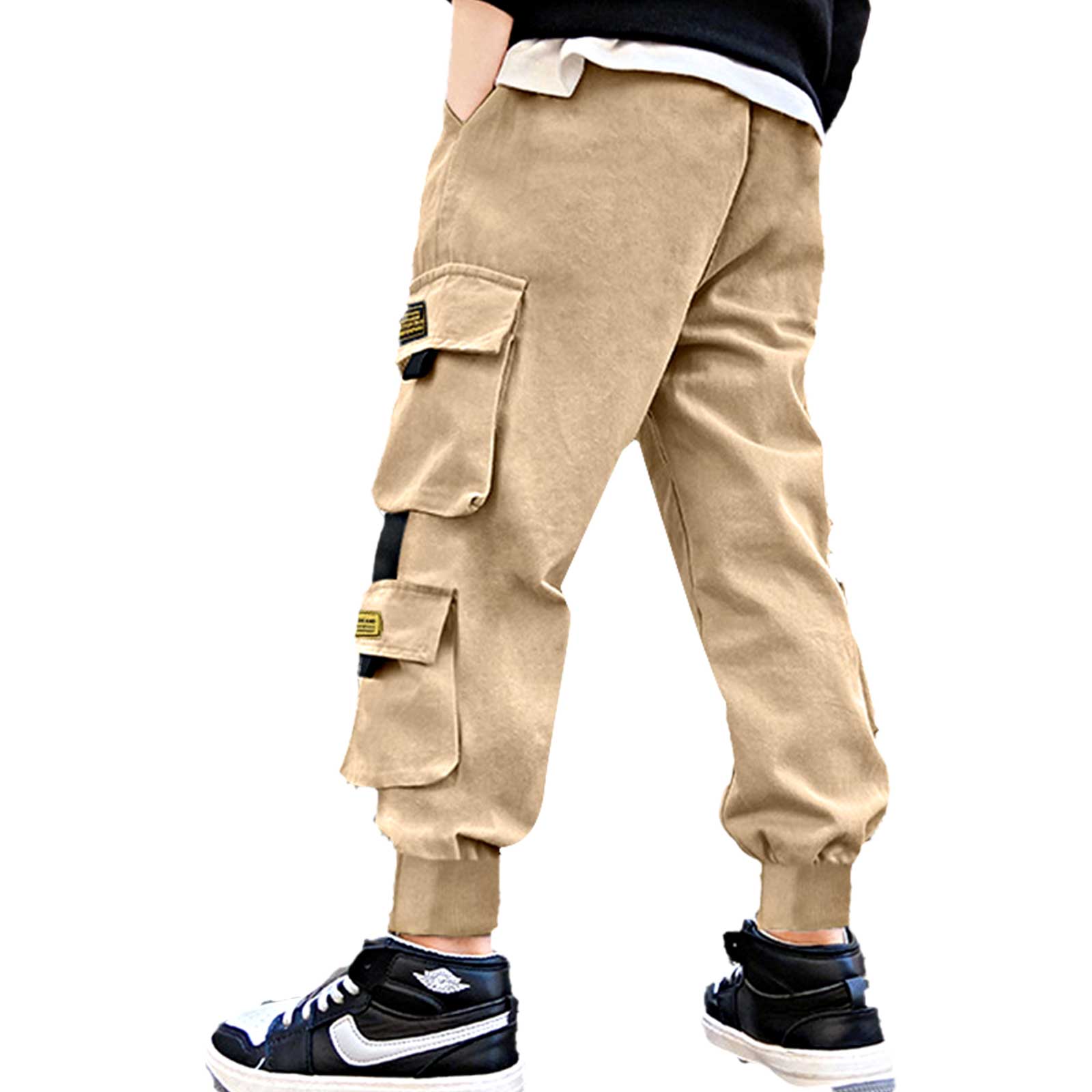 Pantalones Cargo de para niños, ropa de calle negra de chándal, Hip-Hop, con múltiples bolsillos, informal, 6, 8, 10, 12 años: Khaki / 130