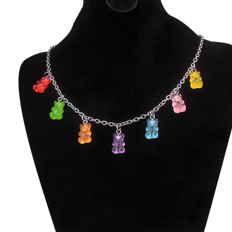 7 Colors Rainbow Cute Jelly Bear Gummy Necklaces for Women Girls Cool Punk Girl Hip Hop Resin Necklaces Women's Accessories: Titanium steel chain