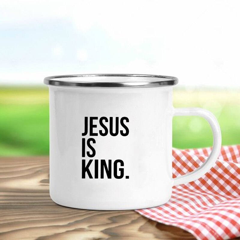 Jésus est dieu imprimer tasses en émail chrétien tasses à café boisson Dessert petit déjeuner lait tasse Vintage tasse poignée Drinkware: Rouge