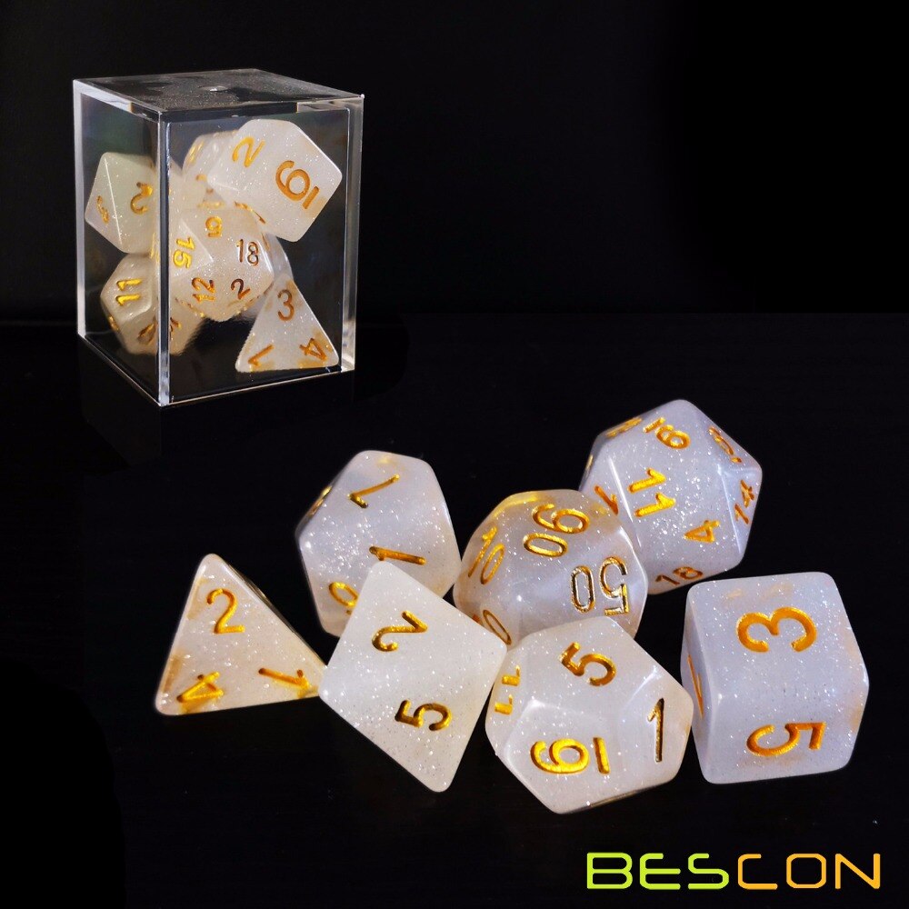 Bescon Intensive Glitter DND Dice 7pcs Set VEIL MIST, Glitter Polyhedral Die set d4 d6 d8 d10 d12 d20 d%, Brick Box Package