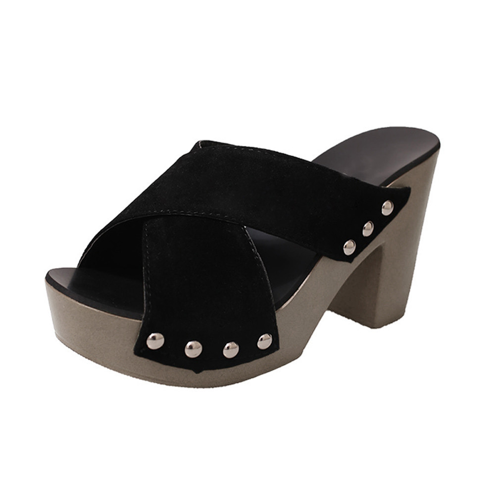 Women Cross Strap Chunky Heel Sandal Thick High-Heeled Flip Flop Open Toe Sandal #45: Black / 37