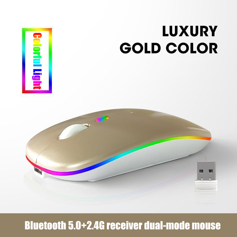 Bezprzewodowa mysz Bluetooth 5.0 2,4 GHz, z lampką USB z możliwością ładowania RGB, odpowiednia do laptopów, komputerów PC, Macbooków, myszy do gier 1600 dpi: Złota