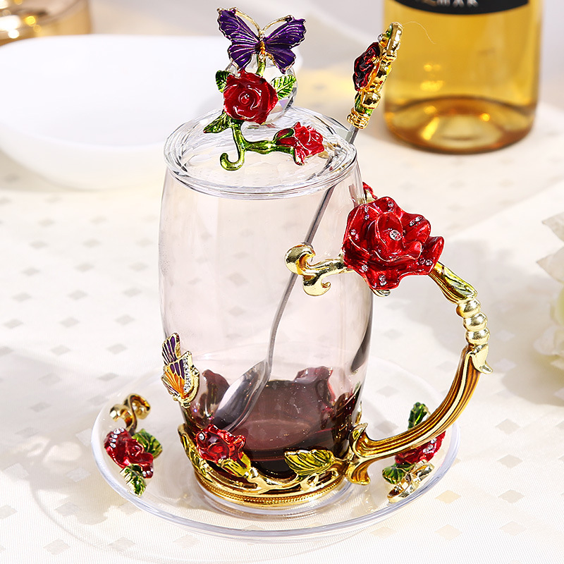Emalje farge glass kopp hjem romantisk rose te kopp kaffekopp med lokk skje melk kopp vann kopp kvinne: Lys gul