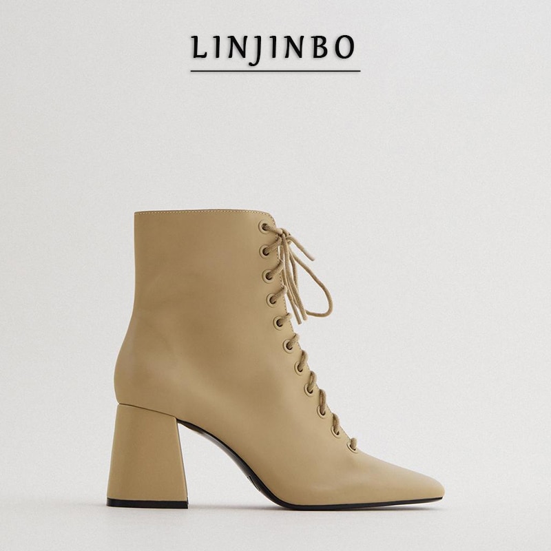 Linjinbo herfst vierkante neus kruisgestrikte hoge hakken laarzen dames kameelkleurige enkellaarsjes voor dames pu leren damesschoenen