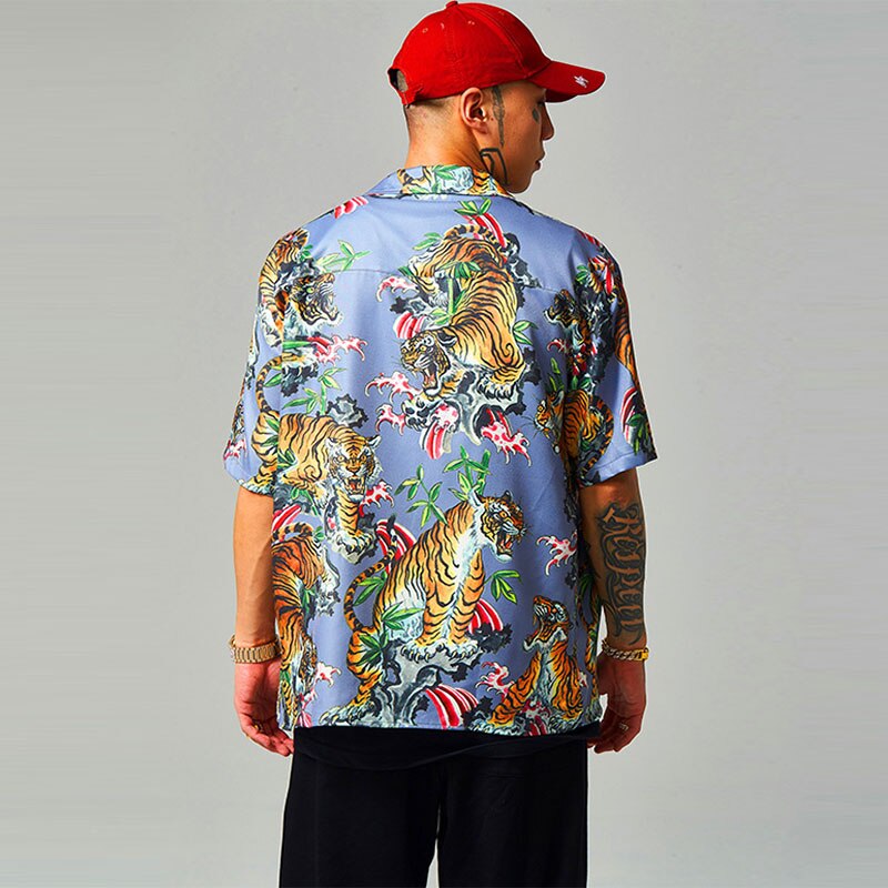 Skjorte med tigerprint til mænd sommer etnisk trend kortærmet top high street streetwear hawaiianske strandskjorter
