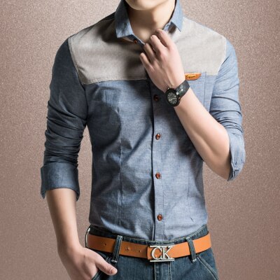Miacawor original herreskjorte fritidsskjorter slim fit langermet camisa masculina camisa social plus størrelse  c215: Blå / M