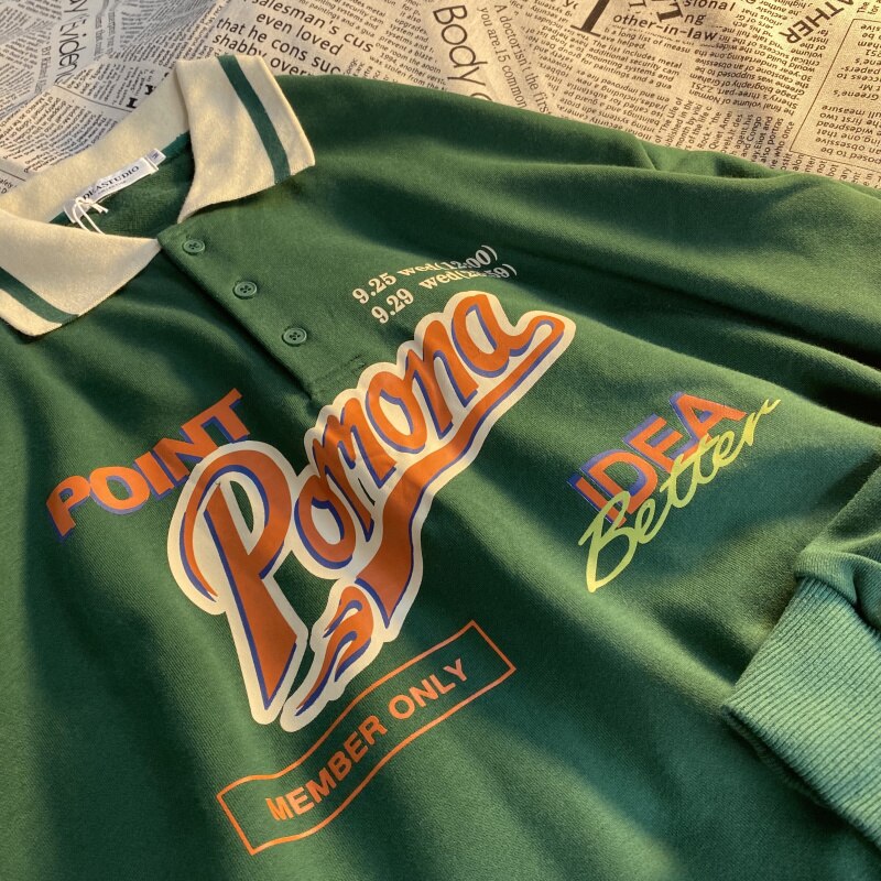 Vintage Polo Collar Oversized Hoodies Women Korean Trendy Autumn Letter Print Sweatshirt Loose Harajuku Top Long Sleeve: Green / M
