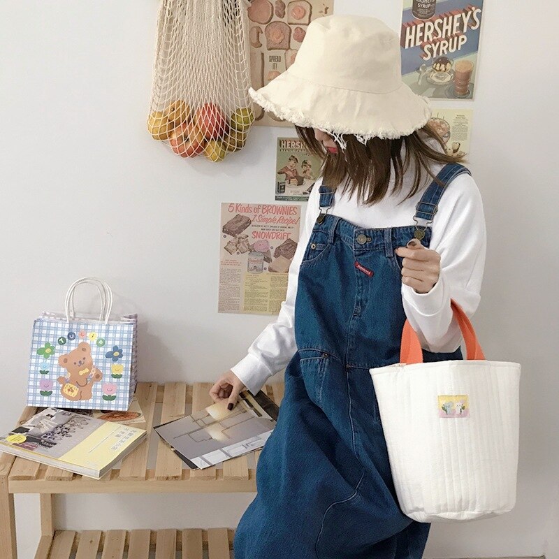 Katoenen emmertas gestreepte gewatteerde schoudertassen crossbody trekkoord kleine tas warme canvas draagtas voor dames: Wit zonder band